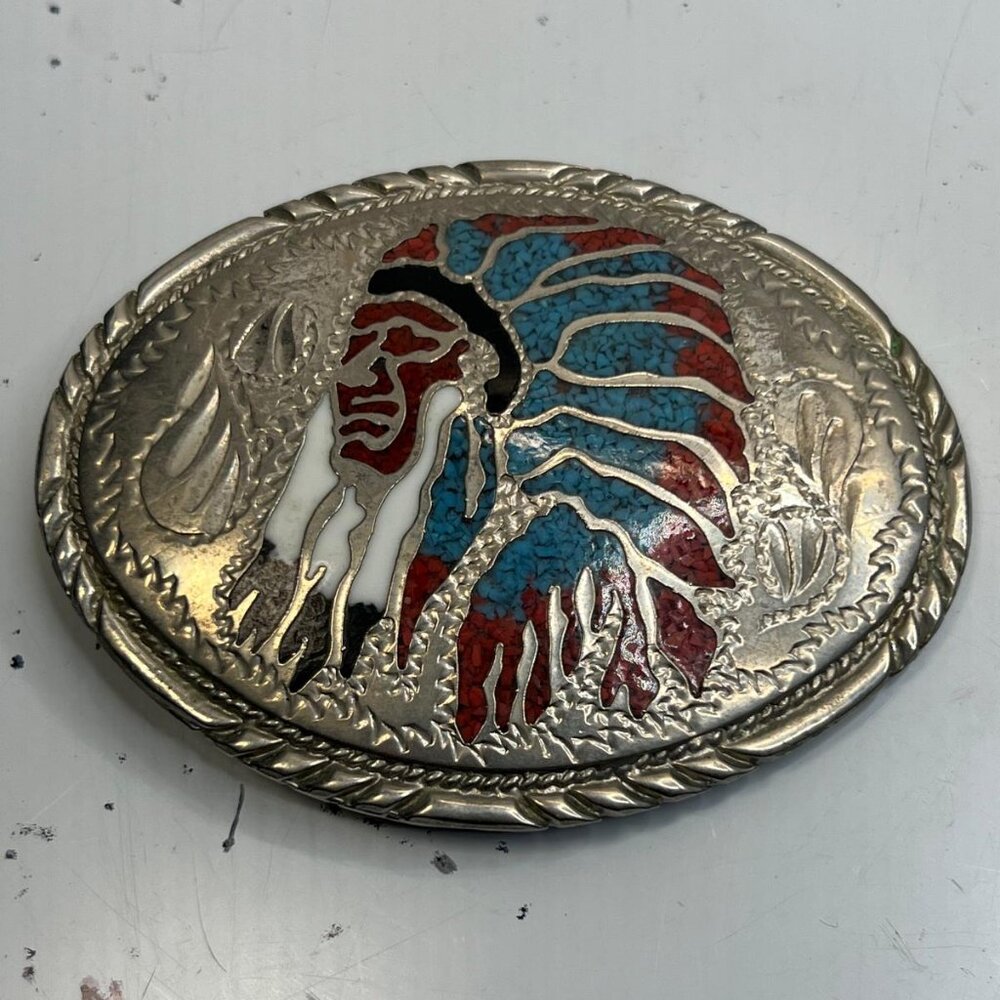 Vintage Native American Chief Belt Buckle Handmade Turquoise and Coral Inlay - Picture 1 of 2